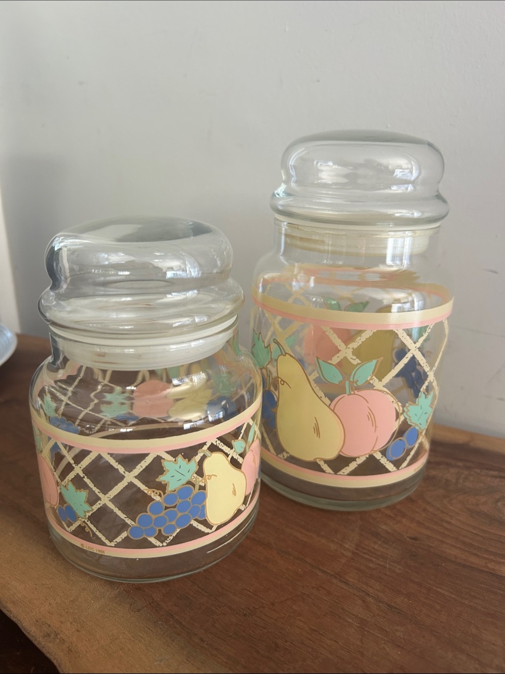 Vintage Libbey Fruit Pear Grapes Peach Glass Jar Canister Storage Set of 2